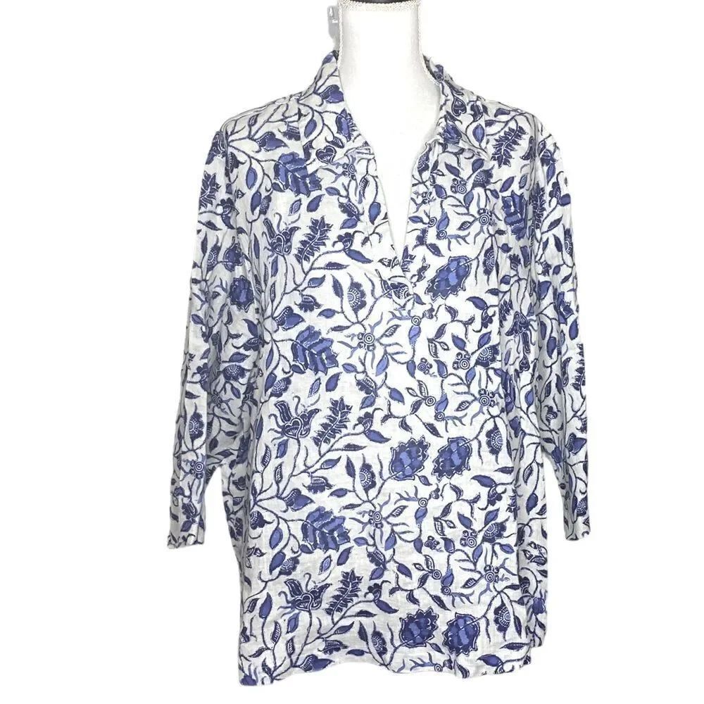Rachel Zoe Wm’s 2X Linen Blue Floral Open V Neck Collar Pull Over Top Blouse